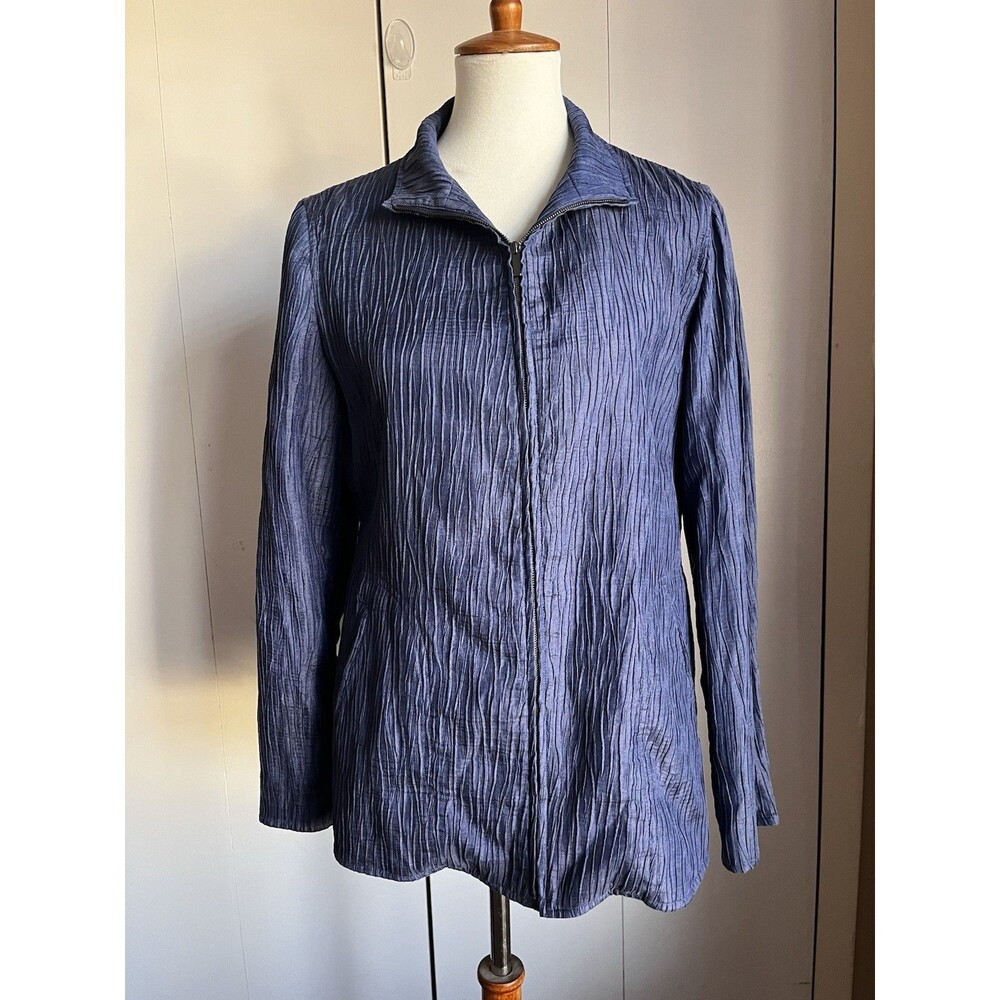 Ellen Tracy Crinkle Textured Zip Front Jacket Blue Long Sleeve Size 0